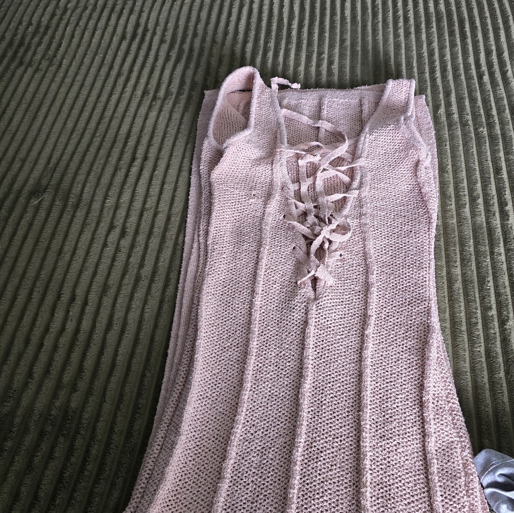 Beige Knit Lace-Up Sweater Dress